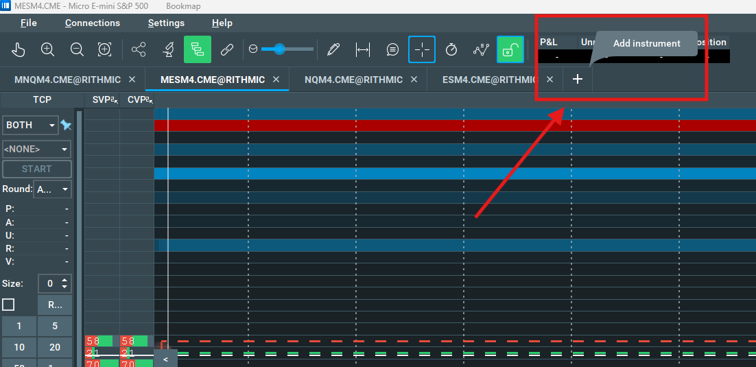 Ajout d'un instrument sur Bookmap via le bouton plus, avec les onglets MESM4, NQM4 et ESM4 connectes a Rithmic