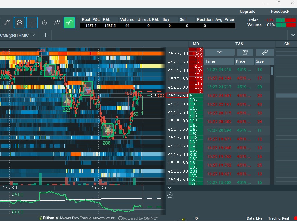 Interface complete de Bookmap connectee a Rithmic : heatmap, profondeur de marche (DOM), time and sales et panneau de profit